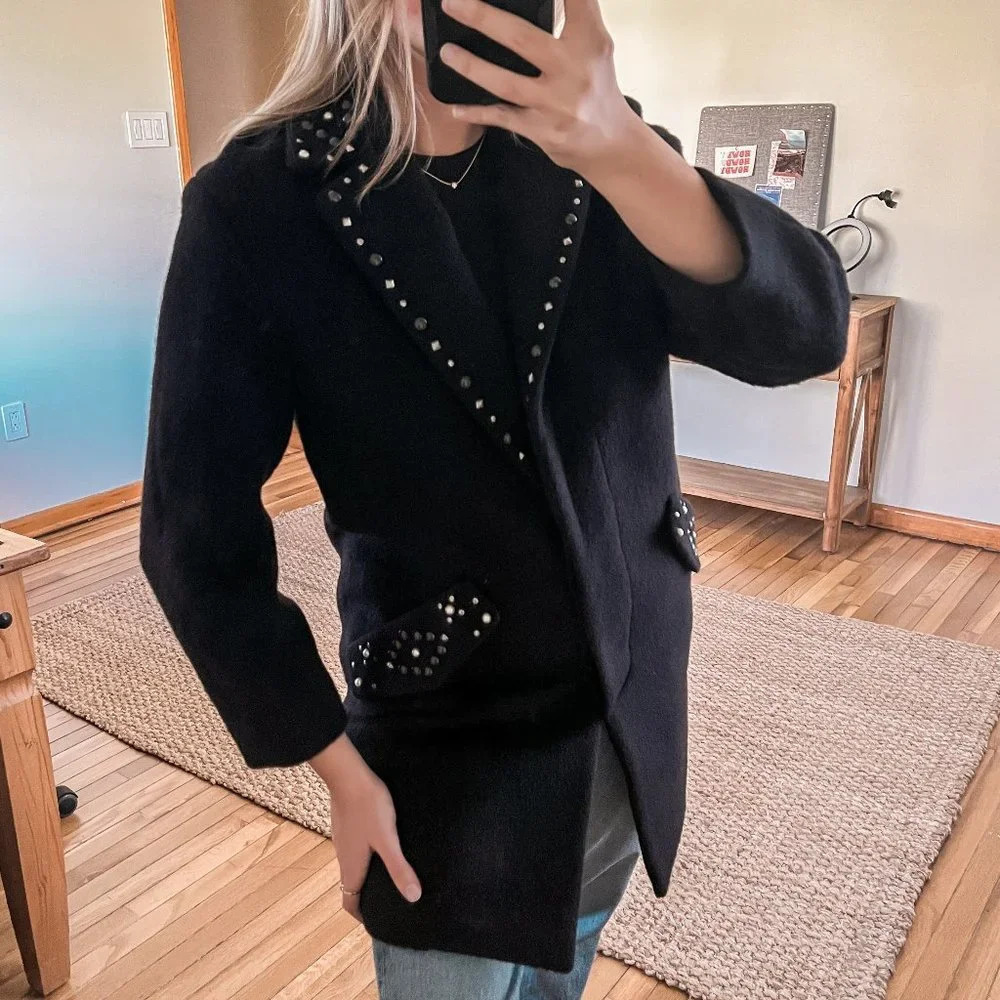 Coach Embellished Black Wool Blend Classic Long Collared Designer Trench Coat 4